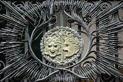 19-3 Iron Railings And The Two Masks Associated With Comedy and Tragedy Close Up On The Exterior Of The Players Club Near Union Square Park New York City